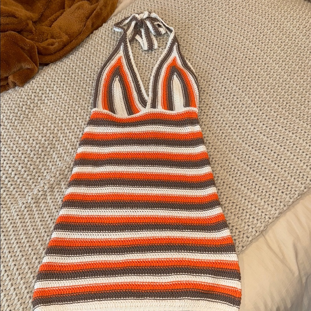 Neon & Nylon Striped Halter Crochet Dress
